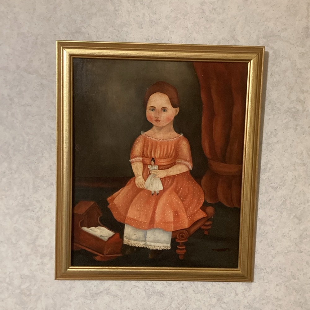 Vintage Style Girl with Doll Painting in Gold Frame - Picture 3 of 4